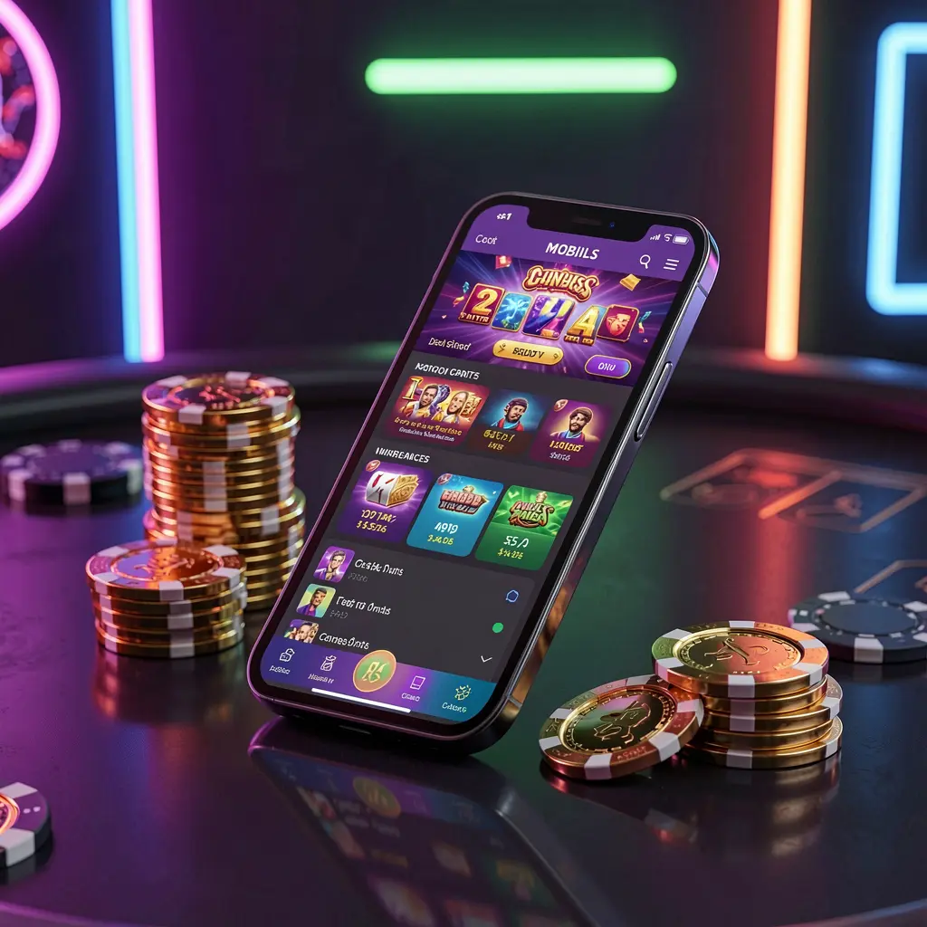 Painel móvel de cassino 73 PB em smartphone exibindo uma interface de jogos colorida com moedas douradas e fichas de pôquer sobre uma mesa brilhante sob elegante iluminação neon