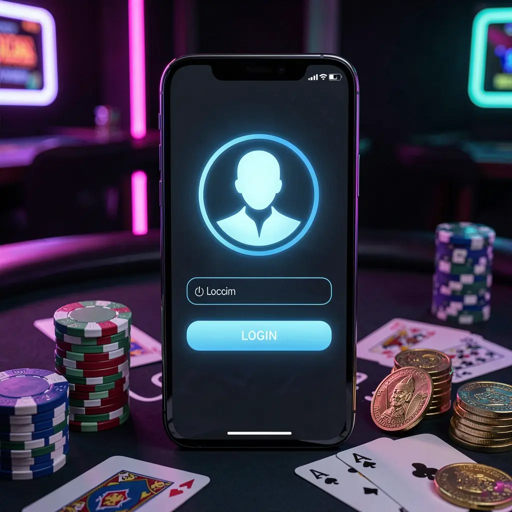 Smartphone exibindo a tela de login do aplicativo de cassino 73 PB com um ícone de perfil de usuário brilhante, cercado por fichas de pôquer, cartas de baralho e moedas sobre um elegante fundo escuro com destaques neon