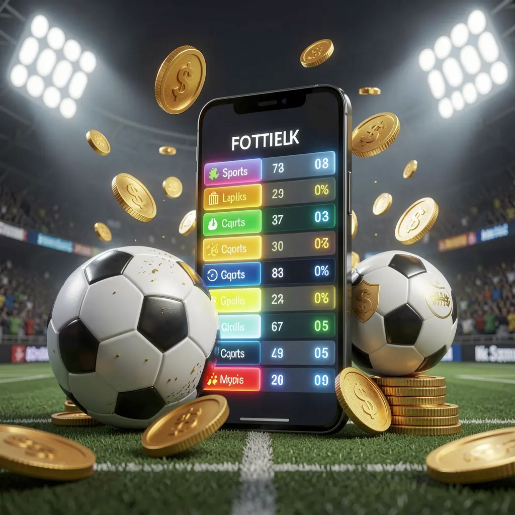 Visual moderno de apostas em futebol 73 PB apresentando um smartphone com interface brilhante de odds esportivas, uma bola de futebol, moedas douradas e luzes de estádio em uma ilustração 3D premium