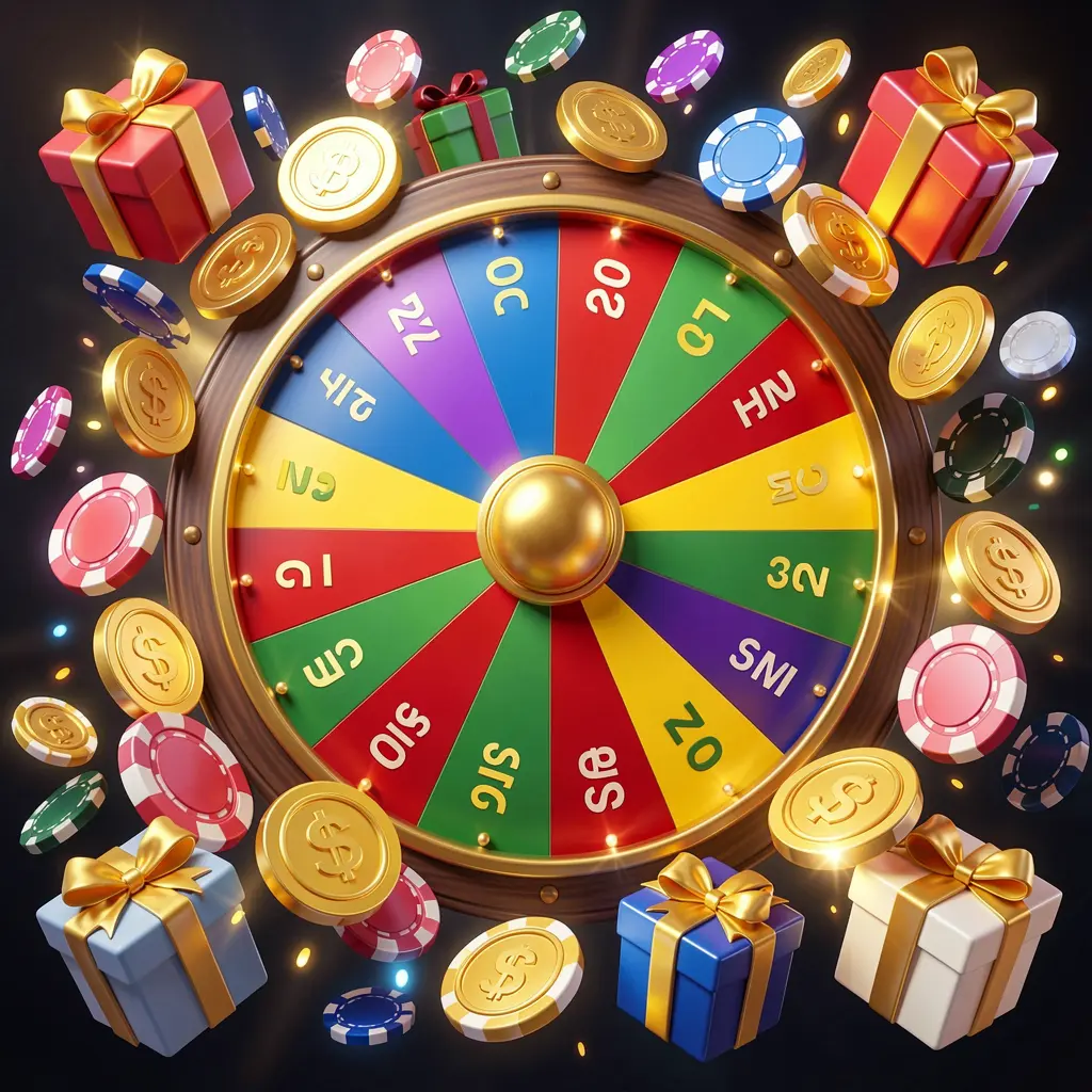 Roda de bônus de cassino online 73 PB com roda de prêmios colorida cercada por moedas douradas, fichas e caixas de presente, luzes brilhantes de cassino criando uma emocionante atmosfera de jackpot sobre um fundo escuro