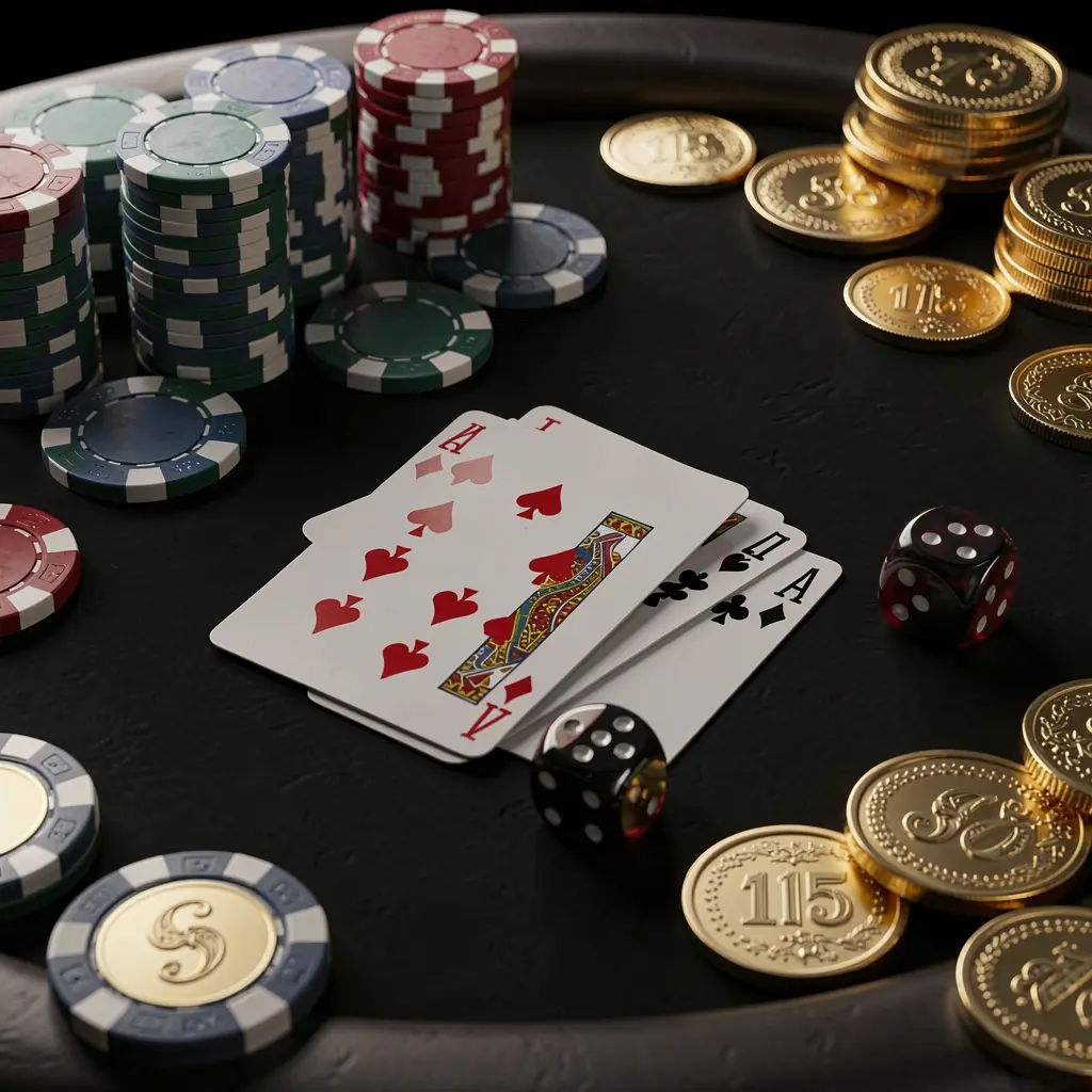 Close-up de uma elegante mesa de cassino apresentando fichas de pôquer, cartas de baralho, dados e moedas de ouro com suave iluminação cinematográfica sobre um fundo preto luxuoso, exibindo a marca 73 PB em uma renderização 3D realista