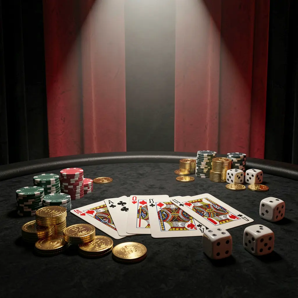 Renderização 3D realista de uma mesa de cassino apresentando uma sequência real em cartas de pôquer, fichas de pôquer, moedas douradas e dados sobre um fundo luxuoso preto e vermelho com holofote dramático, exibindo a atmosfera da marca 73 PB