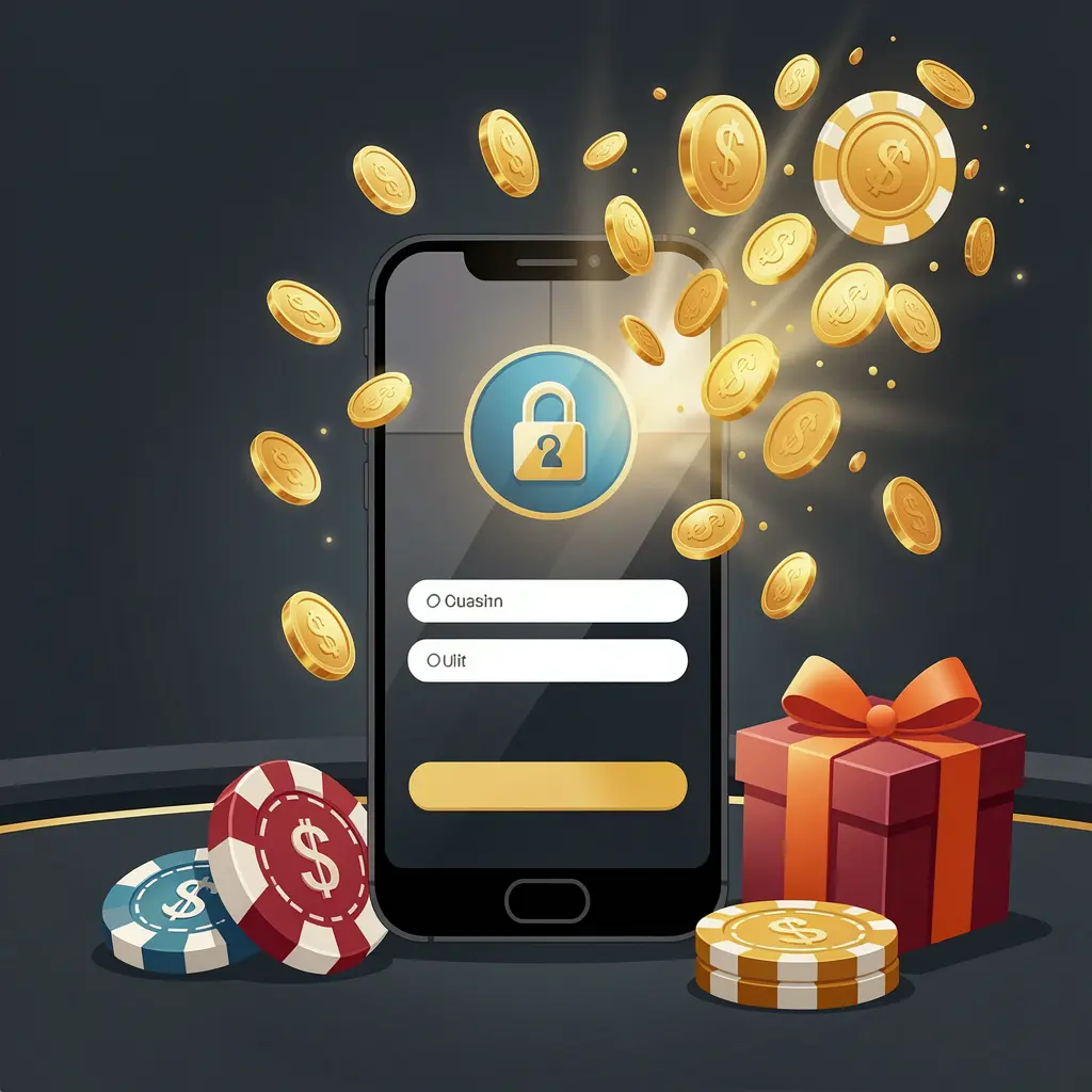 Ilustração de login de usuário do cassino 73 PB mostrando um telefone com ícone de acesso seguro, moedas douradas saindo da tela, fichas de pôquer e uma caixa de presente nas proximidades sobre um fundo escuro premium
