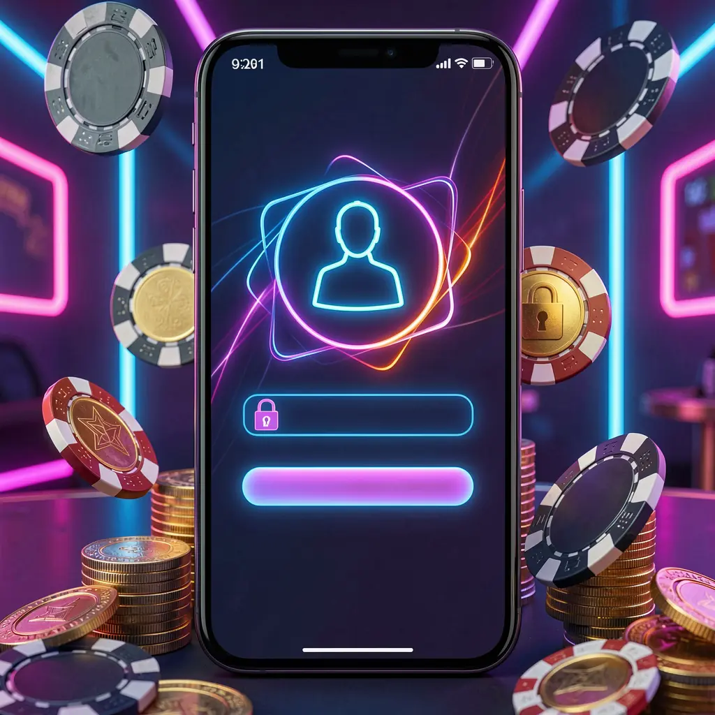 Conceito de página de login para jogos móveis em um smartphone apresentando uma interface abstrata de login com ícones de usuário e cadeado, cercada por fichas de cassino e moedas, iluminada por luxuosa iluminação neon, exibindo a marca 73 PB