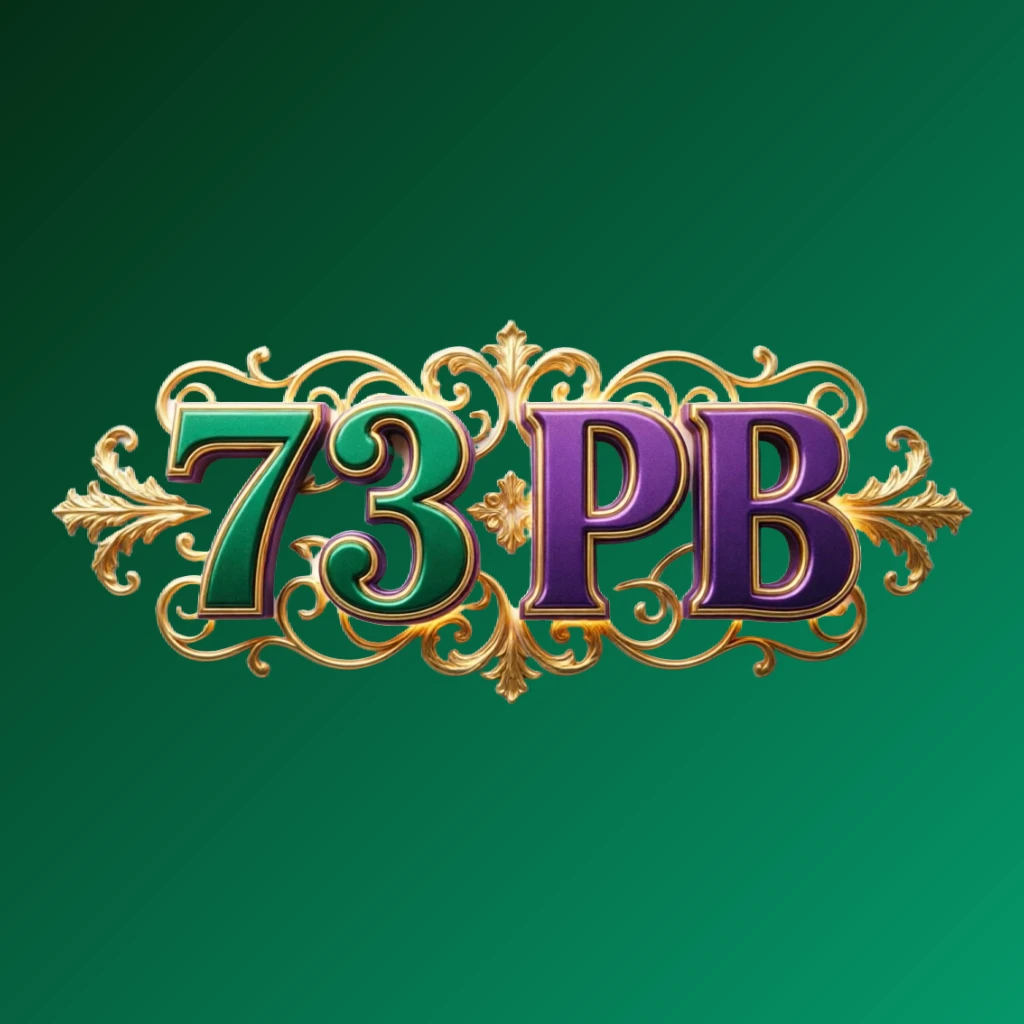 Logotipo luxuoso e colorido da marca 73 PB com tipografia serifada em negrito, paleta rica em verde esmeralda, violeta e dourado, ornamentos elegantes e brilhantes, identidade visual premium em fundo transparente, composição horizontal ampla para cabeçalho de site
