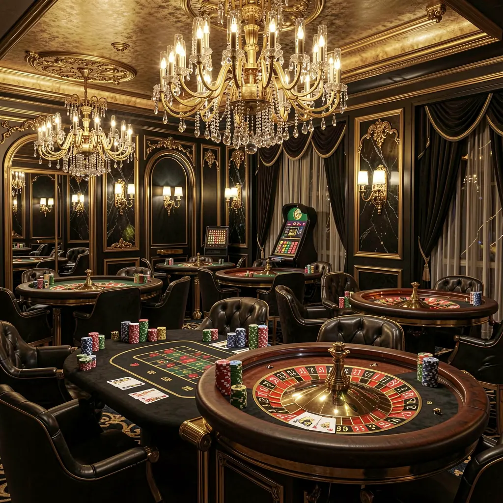 Cena de lobby de cassino online de luxo com mesas de roleta brilhantes, fichas de pôquer e cartas em um design premium preto e dourado com a marca 73 PB